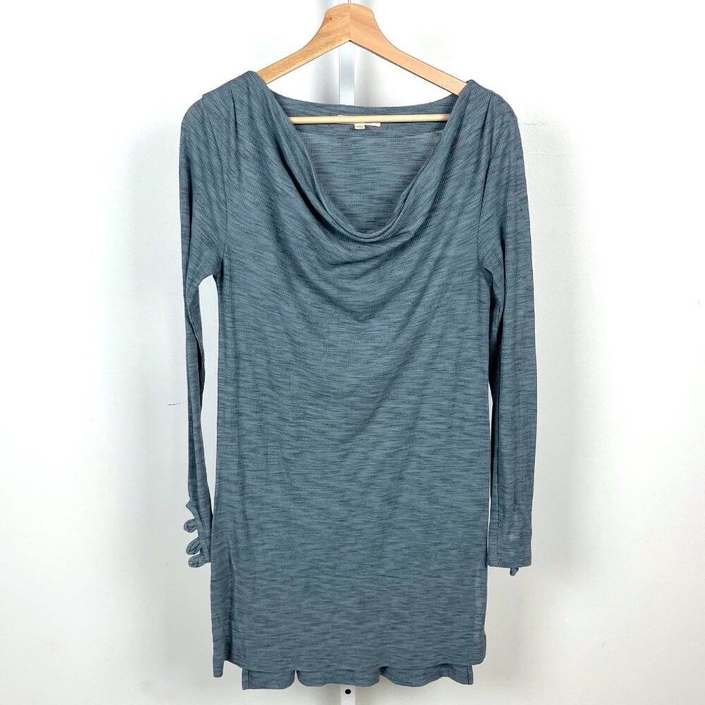 Pure + Good Sz S Anthropologie Ribbed Cowl Neck Tunic Long Sleeve Top Blue Gray